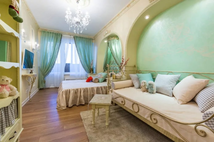 visuele indeling van een gecombineerde slaapkamer en kinderkamer