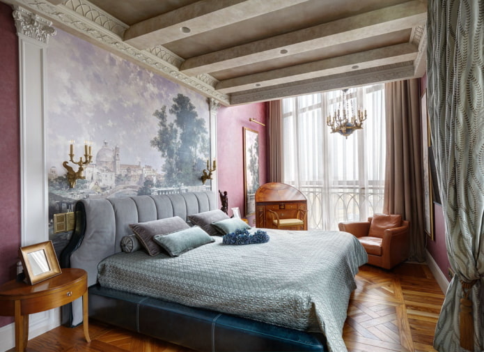 opstelling van meubels in de slaapkamer gecombineerd met een loggia