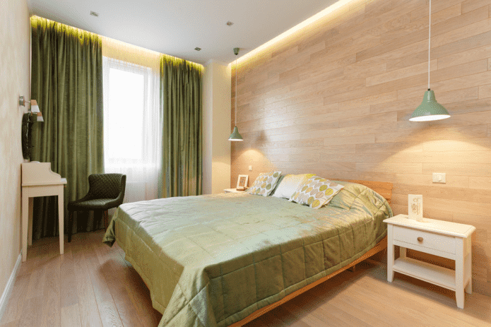 interieur van een beige slaapkamer in ecostijl