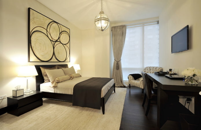 zwart en beige slaapkamerinterieur