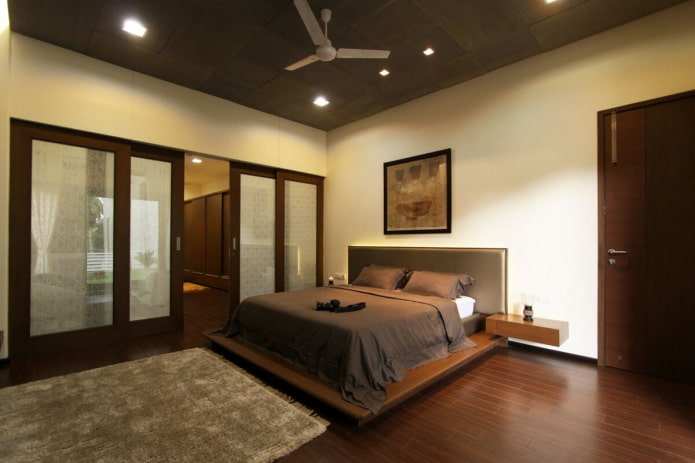 beige en bruin slaapkamerinterieur