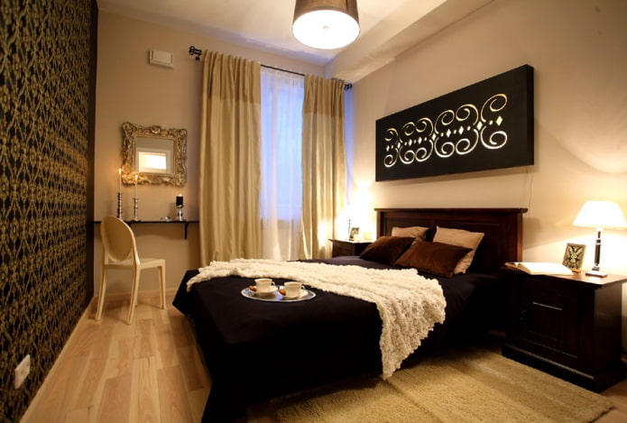 zwart en beige slaapkamerinterieur