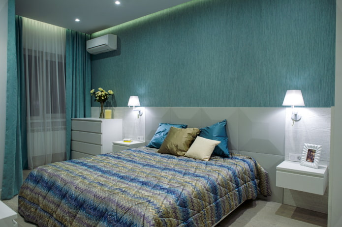 grijs en turquoise slaapkamerinterieur