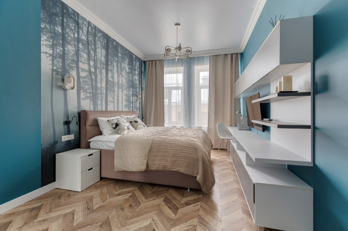 beige en turquoise slaapkamer interieur