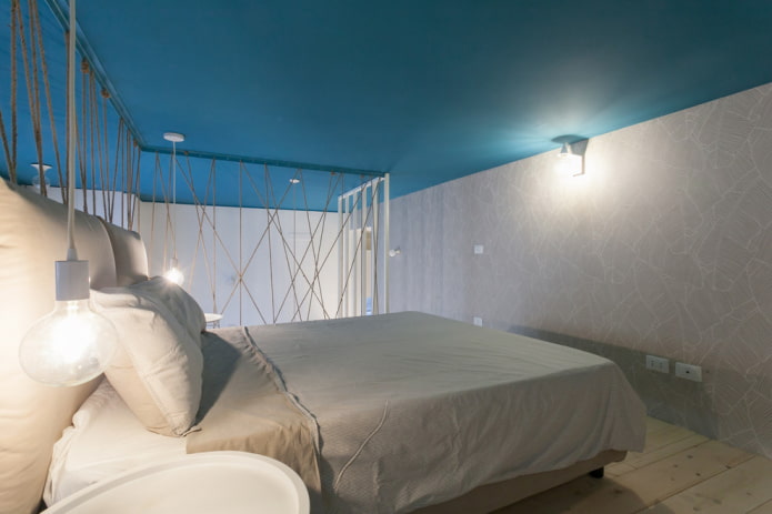 grijs en turquoise slaapkamerinterieur