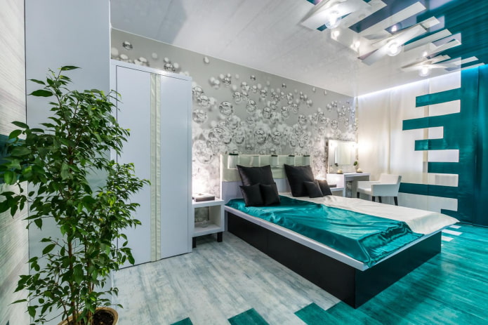 interieur van een wit-turquoise slaapkamer