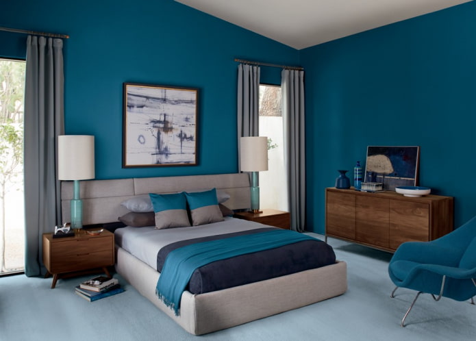 meubels in het interieur van een turquoise slaapkamer