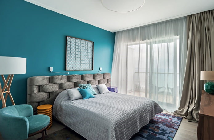 grijs en turquoise slaapkamerinterieur