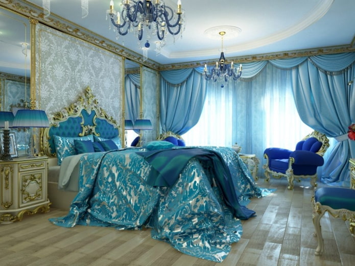 slaapkamerinterieur in goud- en blauwtinten
