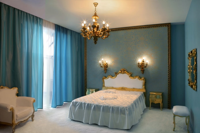 slaapkamerinterieur in goud- en blauwtinten