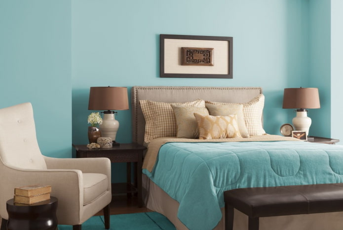 beige en blauw slaapkamerinterieur