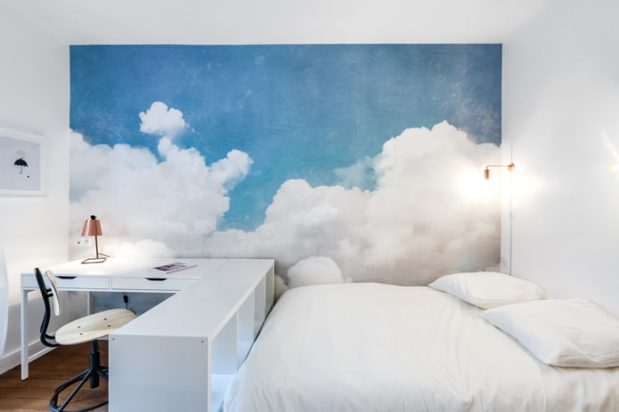 wit en blauw slaapkamerinterieur
