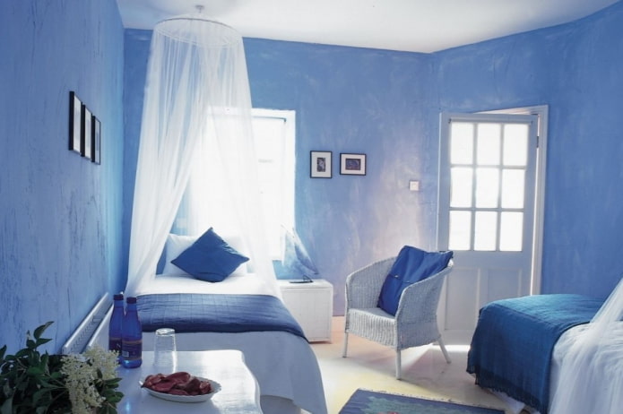 blauw-lichtblauw slaapkamerinterieur