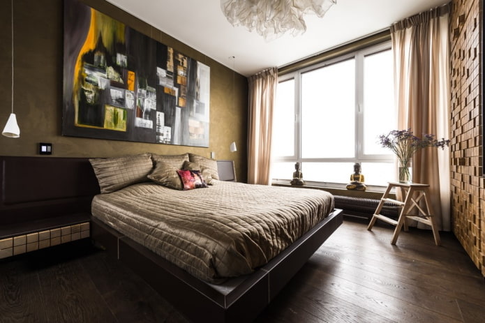 decoratie en verlichting in het interieur van een bruine slaapkamer