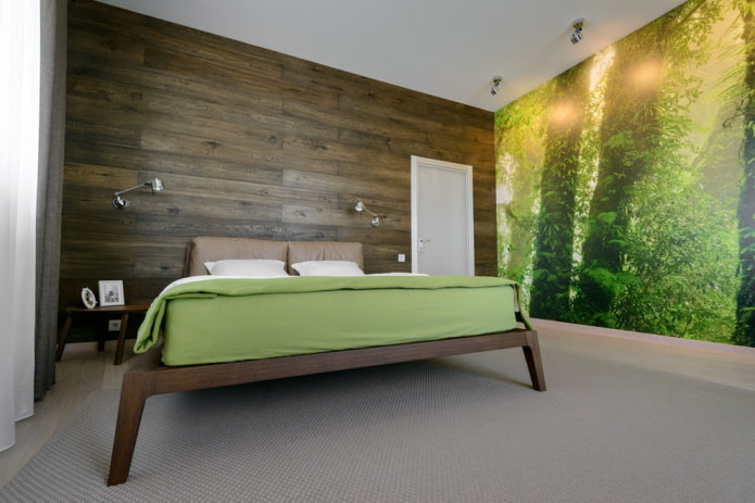 interieur van een bruingroene slaapkamer