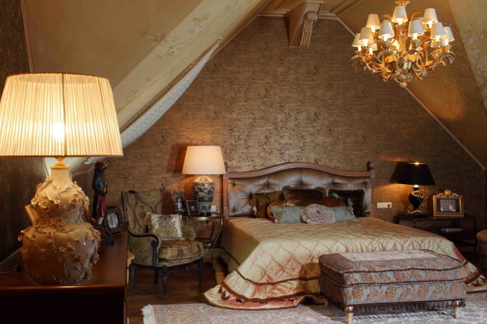 bruin slaapkamerinterieur in Victoriaanse stijl