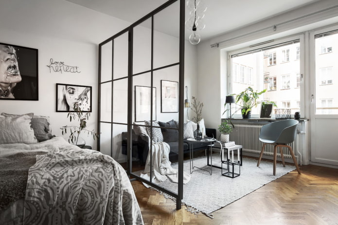Scandinavisch slaapkamer-woonkamerontwerp