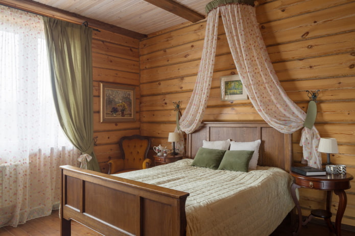 textiel en decoratie in de slaapkamer in landelijke stijl