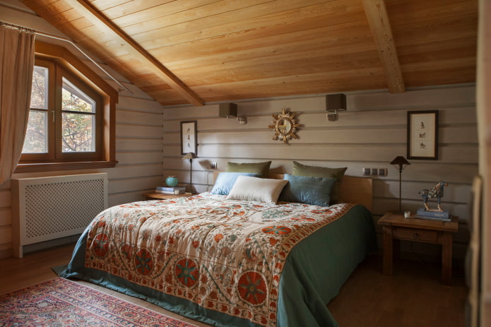 textiel en decoratie in de slaapkamer in landelijke stijl