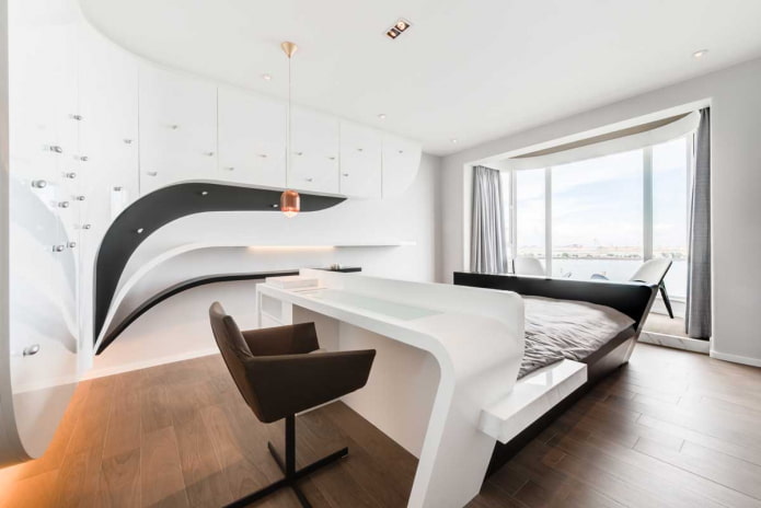meubels in het interieur van de slaapkamer in hightech-stijl