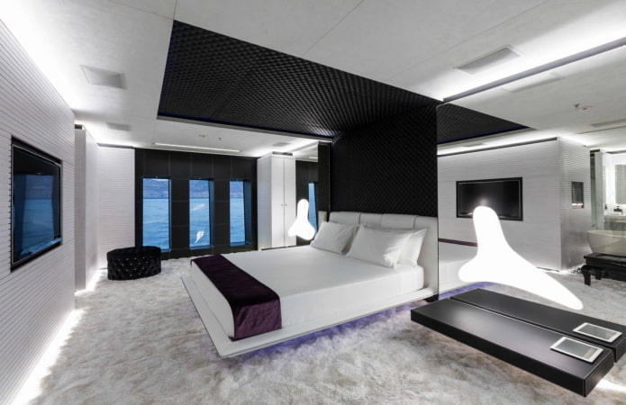 textiel in het interieur van de slaapkamer in hightech-stijl