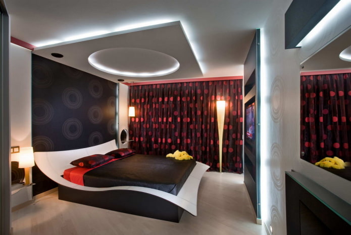 textiel in het interieur van de slaapkamer in hightech-stijl