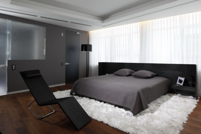 textiel in het interieur van de slaapkamer in hightech-stijl