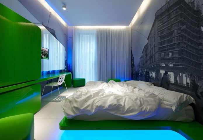 meubels in het interieur van de slaapkamer in hightech-stijl