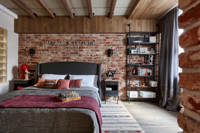 textiel en decoratie in het interieur van de slaapkamer in industri?le stijl