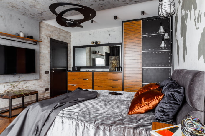 meubels in het interieur van een slaapkamer in een industri?le stijl