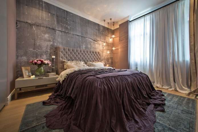 textiel en decoratie in het interieur van de slaapkamer in industri?le stijl