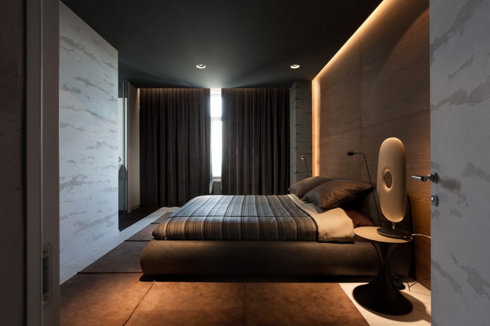 minimalistische slaapkamer met zwart plafond