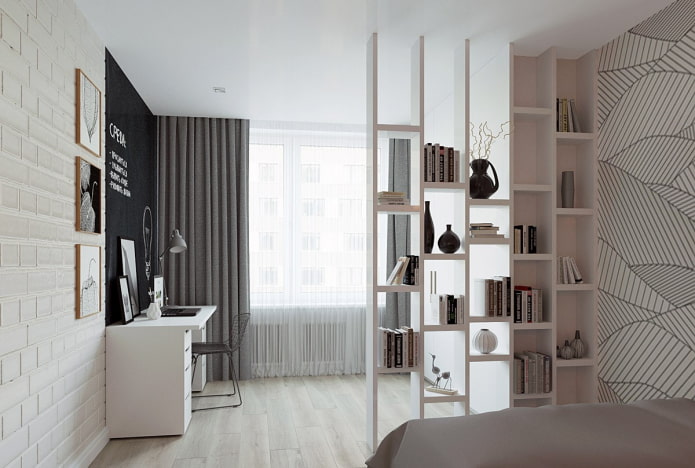 scheidingswand in de vorm van een rechthoekige plankenkast in het interieur