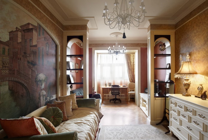 scheidingswand in de vorm van een rek in het interieur in de klassieke stijl