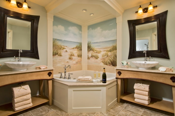 ontwerp van de muur bij de badkamer in het interieur