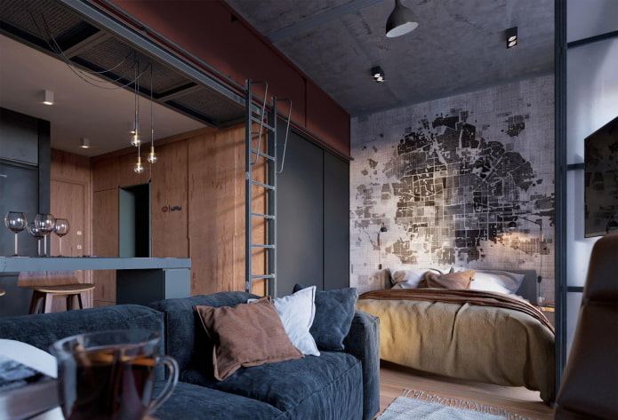 ontwerp van een kleine studio in industri?le stijl