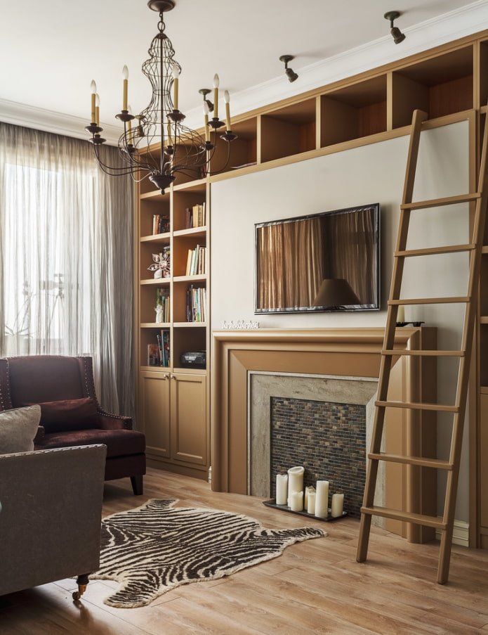 TV en open haard ingebouwd in het meubilair in het interieur