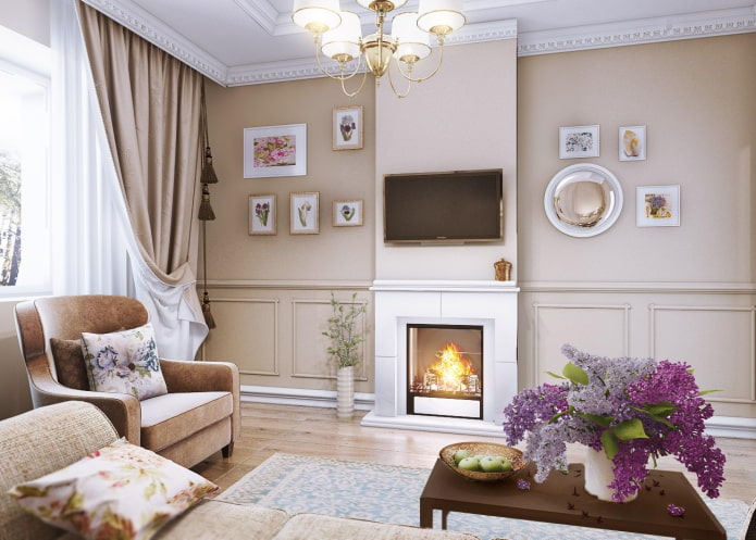 Tv-paneel boven de open haard in het interieur in Proven?aalse stijl