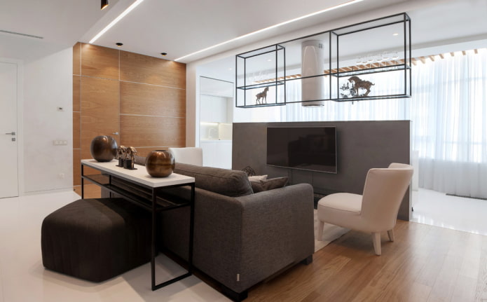 TV op de scheidingswand in het interieur van de woonkamer