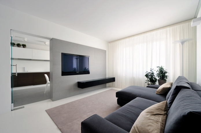 Tv in het interieur van de woonkamer in minimalistische stijl