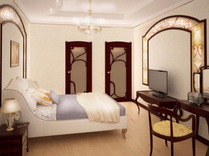 TV in het interieur van de slaapkamer in Art Nouveau-stijl