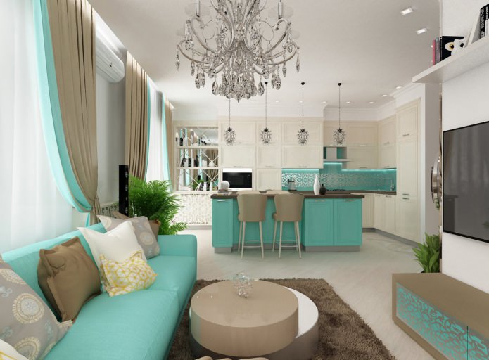 Tiffany-kleur in het interieur van een studio