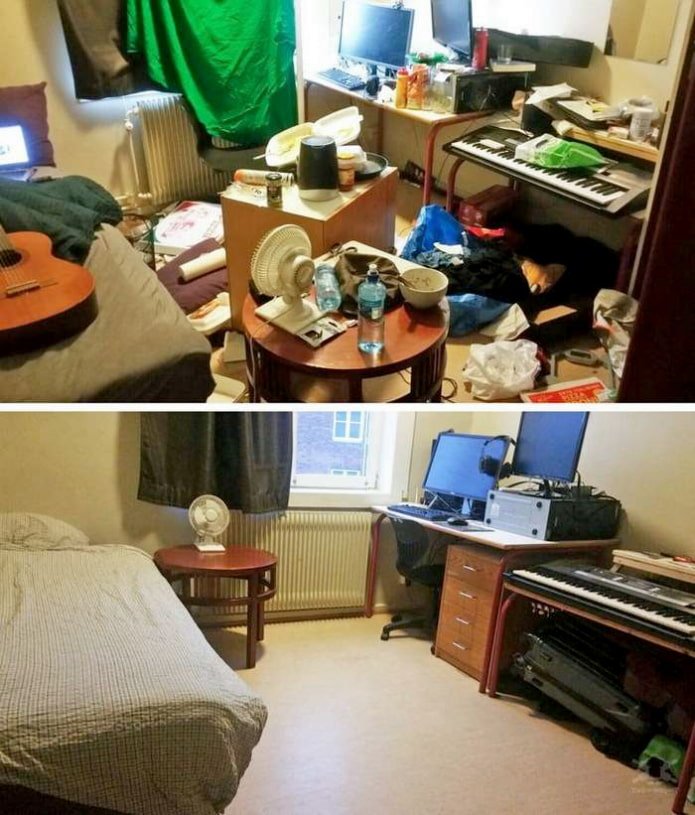 Tienerkamer voor en na het schoonmaken