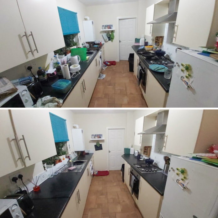 Keuken voor en na het schoonmaken
