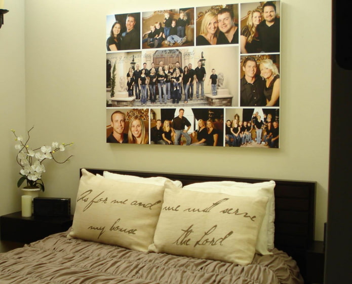 familiefoto's aan het hoofdeinde van het bed