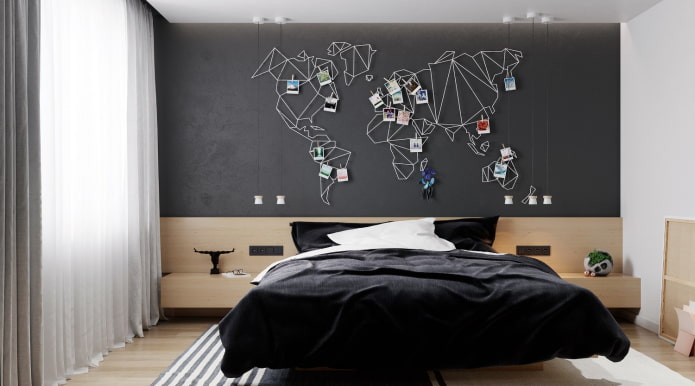 installatie in de vorm van een wereldkaart in de slaapkamer