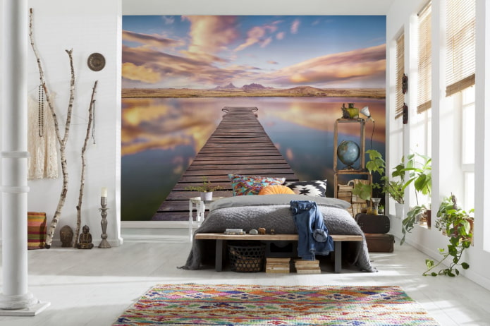 stereoscopisch behang met uitzicht op de pier in de slaapkamer
