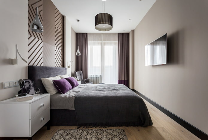 verlichtingsontwerp in het interieur van een smalle slaapkamer
