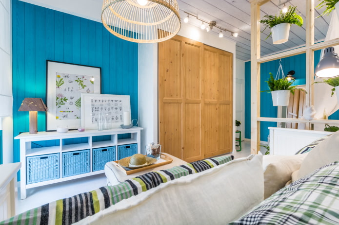 Blauwe clapboard in de woonkamer