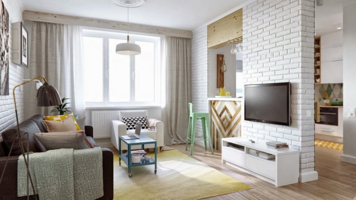 witte bakstenen muur in het interieur van de woonkamer